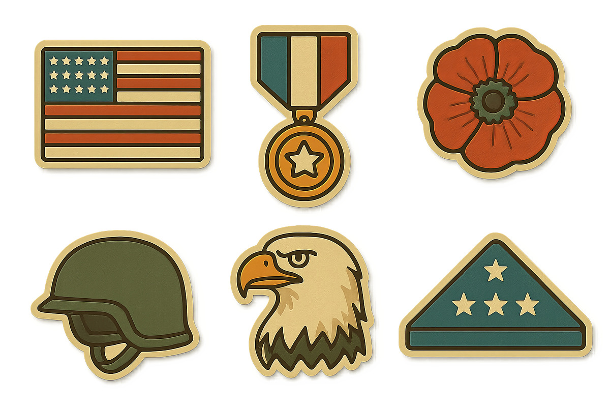 USA Veterans Day icons set with flag, an Illustration by Dvoevnore photos