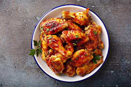 Hot sauce glazed chicken wings, roasted or fried