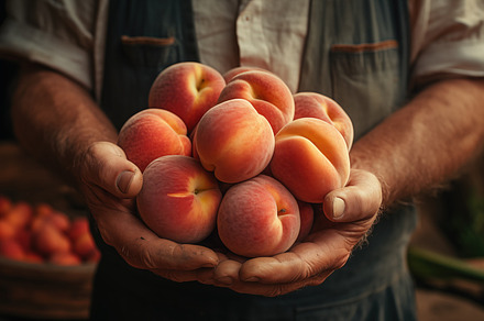 A farmer holding a cluster of fresh, ripe peaches in his hands. The background, a Food & Drink Photo by Textures & Backgrounds