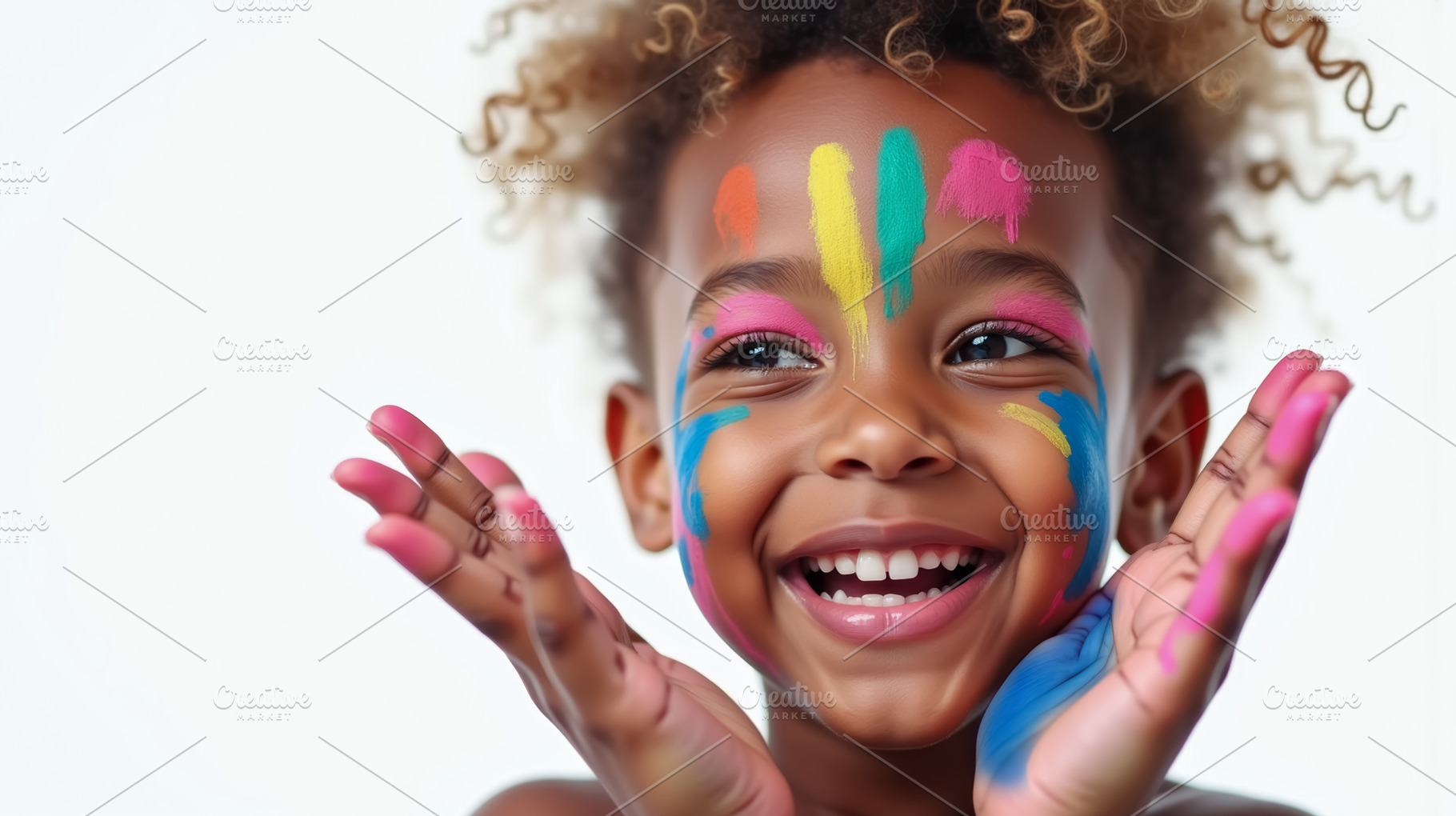 Smiling girl with colorful paint on, a School & Education Photo by angellodeco