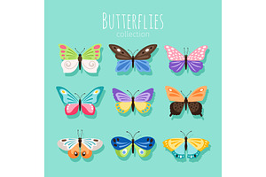 Butterfly Collection Illustration. Spring Butterflies Isolated On White Background With Colored Wings