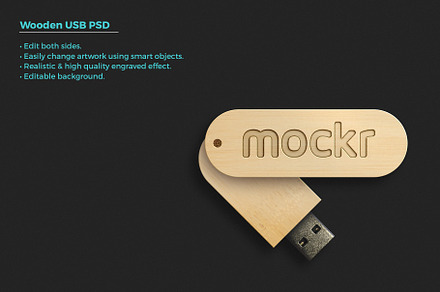 Realistic Wood Usb Stick Mockup Psd