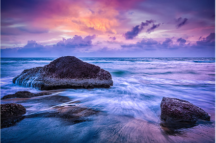 Waves and rocks on beach of sunset, a Nature Photo by f9photos