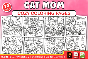 Cat Mom Cozy Coloring Pages, a Decorative Illustration by Design Station