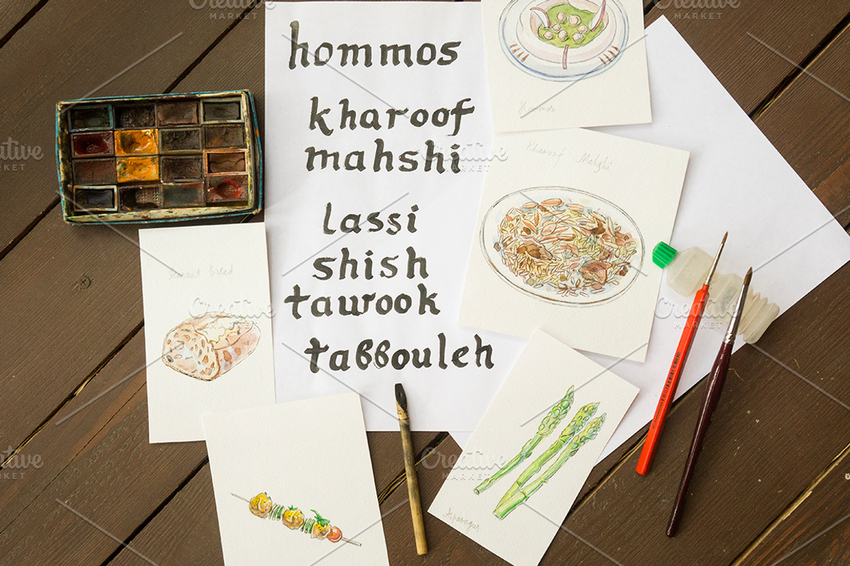 Watercolor Mediterranean food set-1, a Food Illustration by miminoshka (Photo 4 of 7)