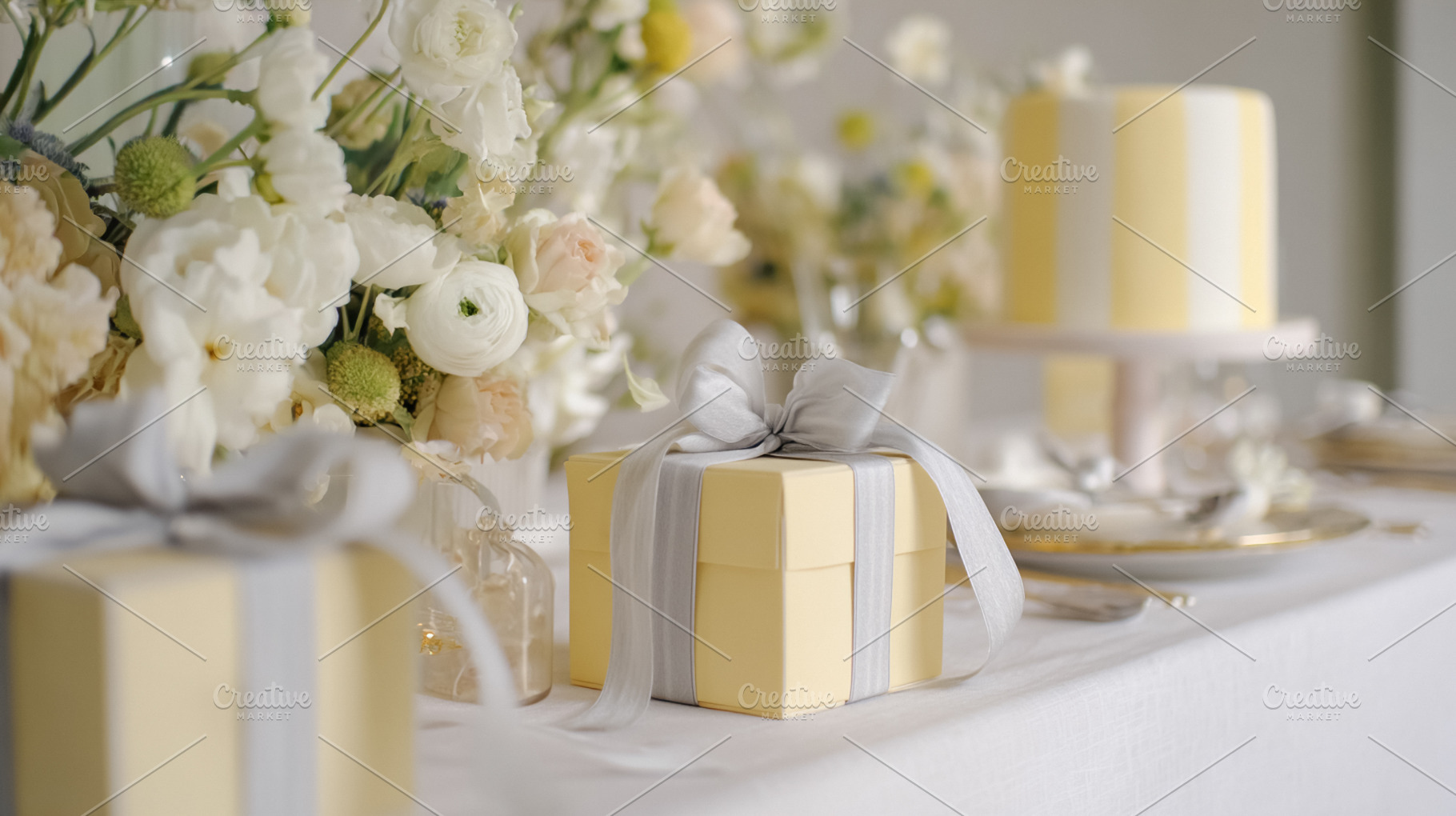 Yellow gift box with silver ribbon on an elegant party table cel, a Photo by Studio ANNA