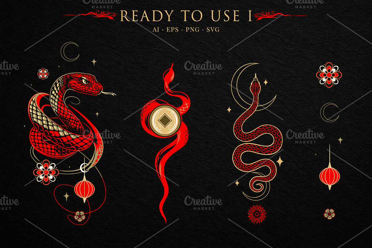 Mystic Lunar Asian Snake Vector Set, an Animal Illustration by Christine Krahl (Photo 9 of 12)