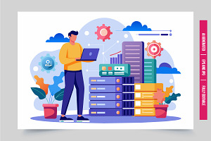 Man laptop with servers behind, an Illustration by Tanuart