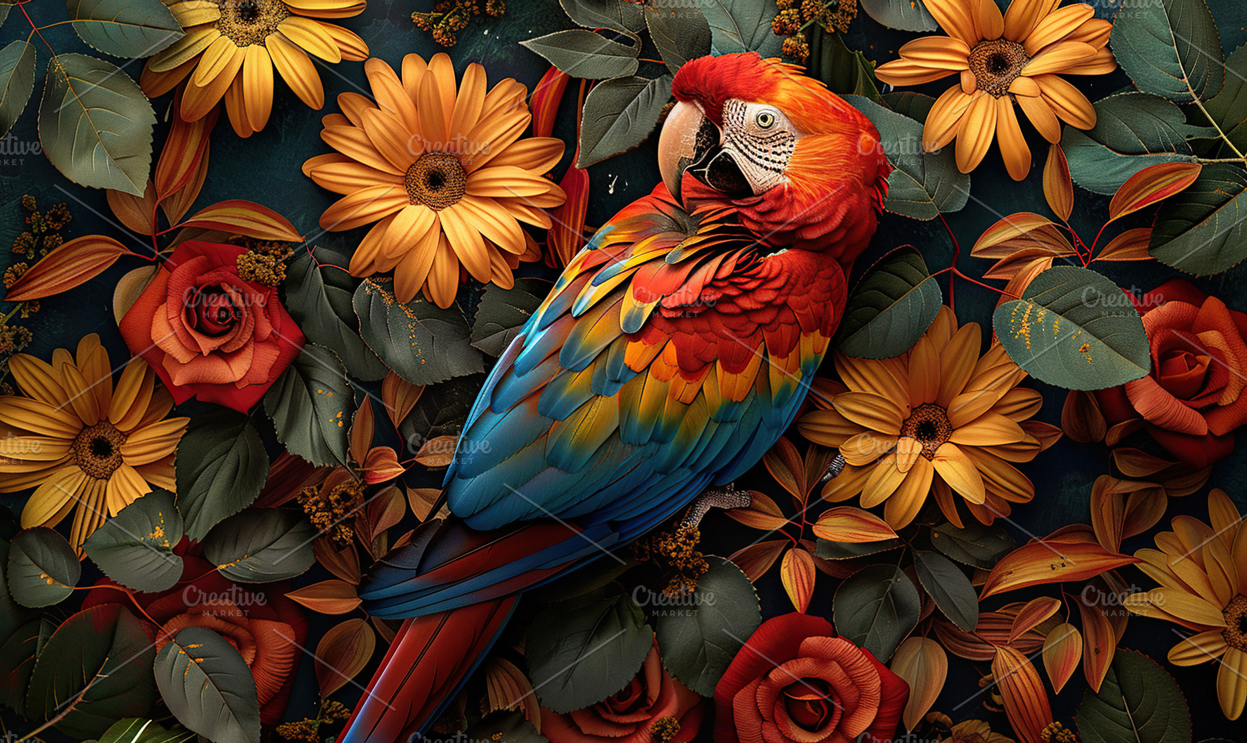 A colorful macaw on a branch amid be, a Photo by LOGOCREATIVE