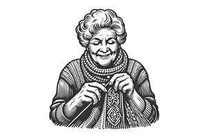 Smiling elderly woman knitting in, a Person Illustration by AlexArt