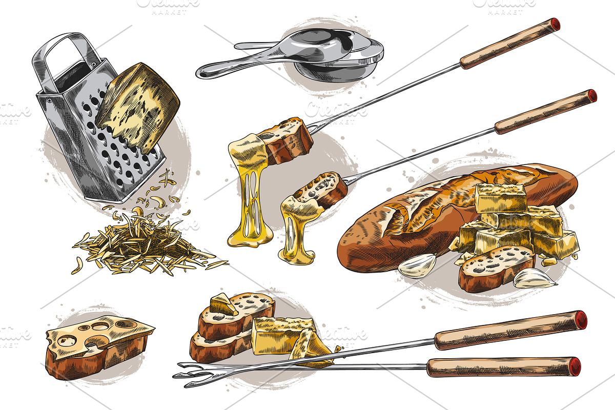 Cheese fondue preparation, Set of, a Food Illustration by Sabelskaya