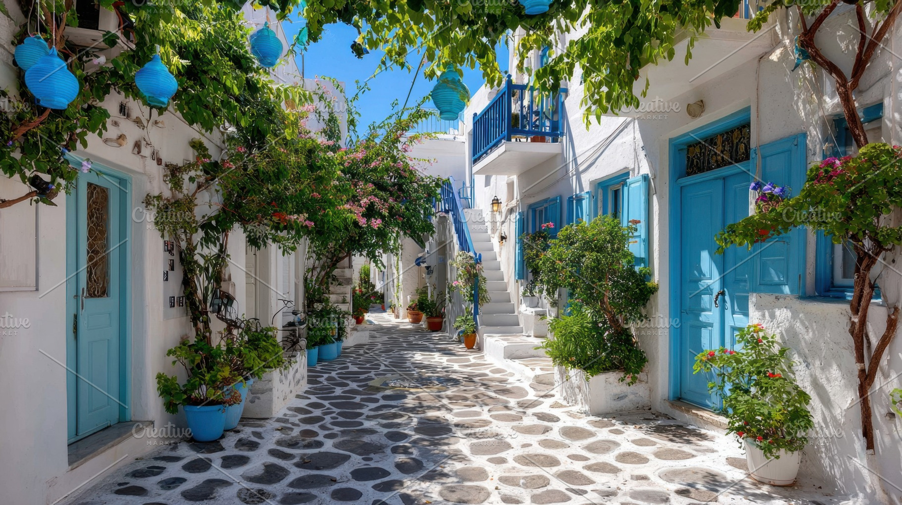Blue door street with plants, a Photo by Beautiful things