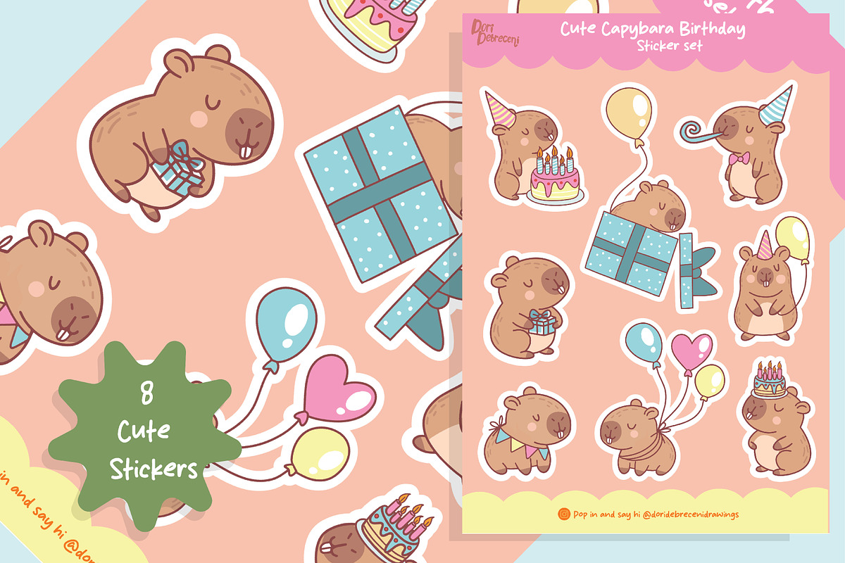 Capybara Party Sticker Set, Pattern, a Graphic by Dori Debreceni draws (Photo 2 of 8)
