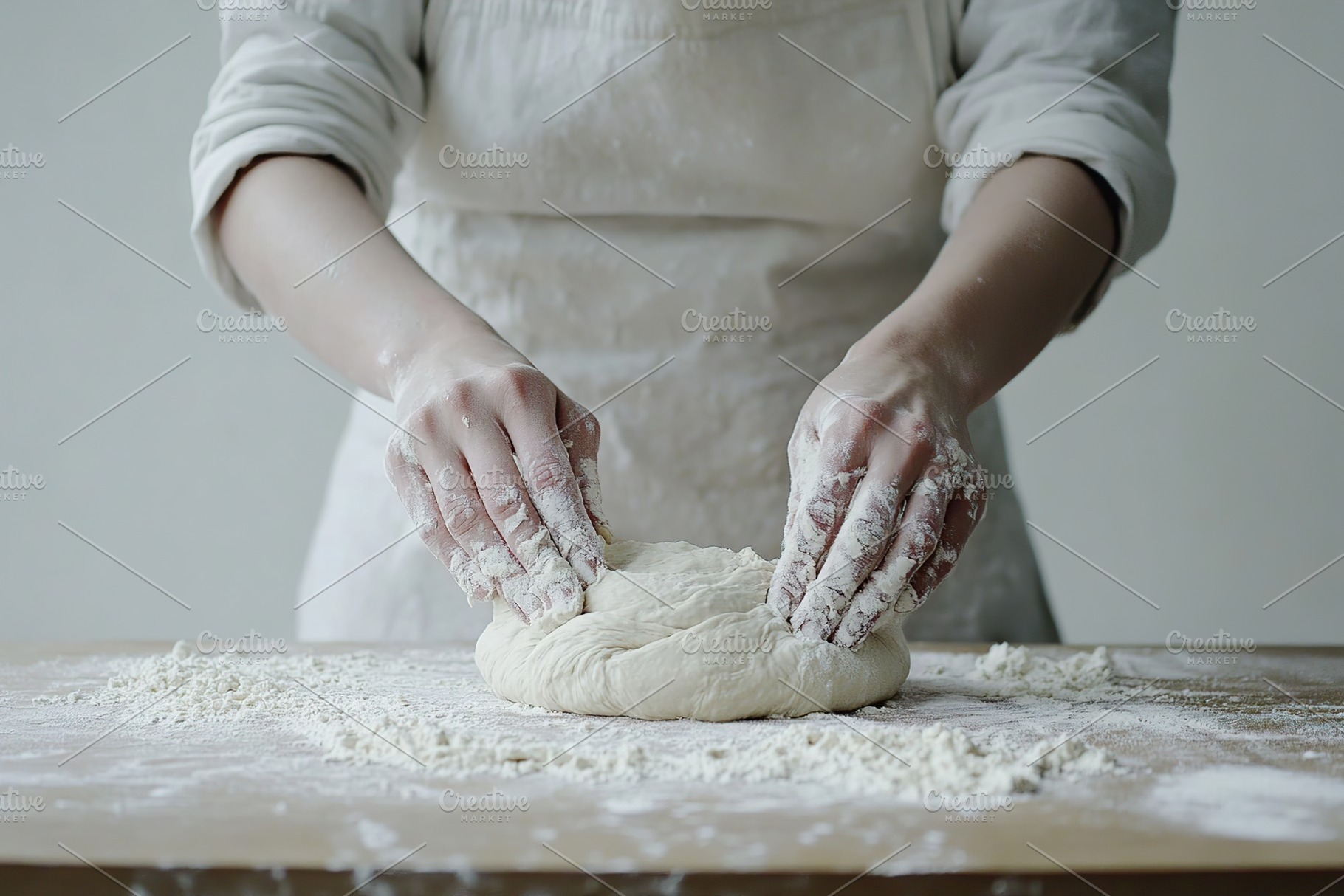 Baker's hands kneading dough on a wooden surface in a bright kitchen environmen, a Food & Drink Photo by AlyaAnd