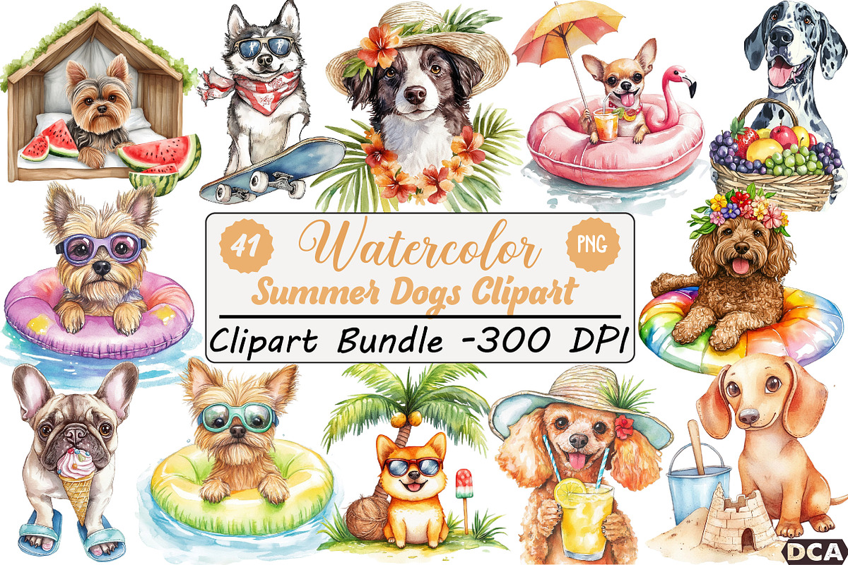 Watercolor Summer Dogs Clipart, an Illustration by DreamCafeArt (Photo 1 of 9)