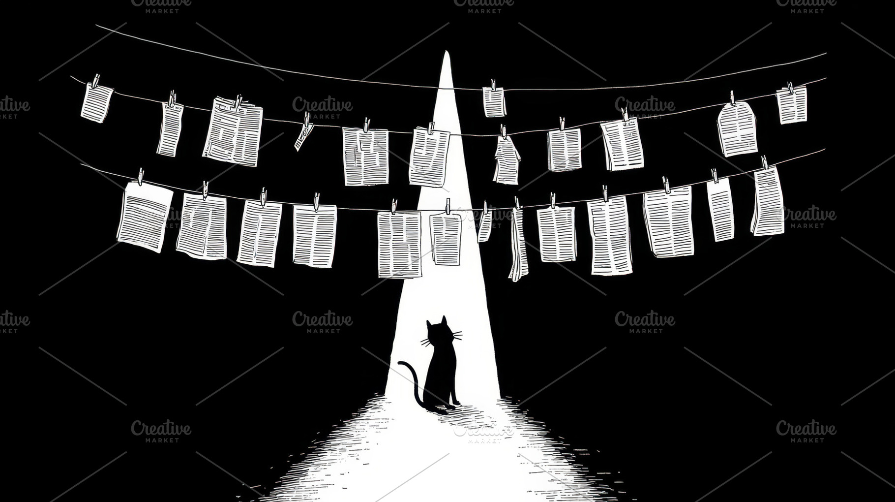 Cat by hanging papers at night, a Photo by Beautiful things