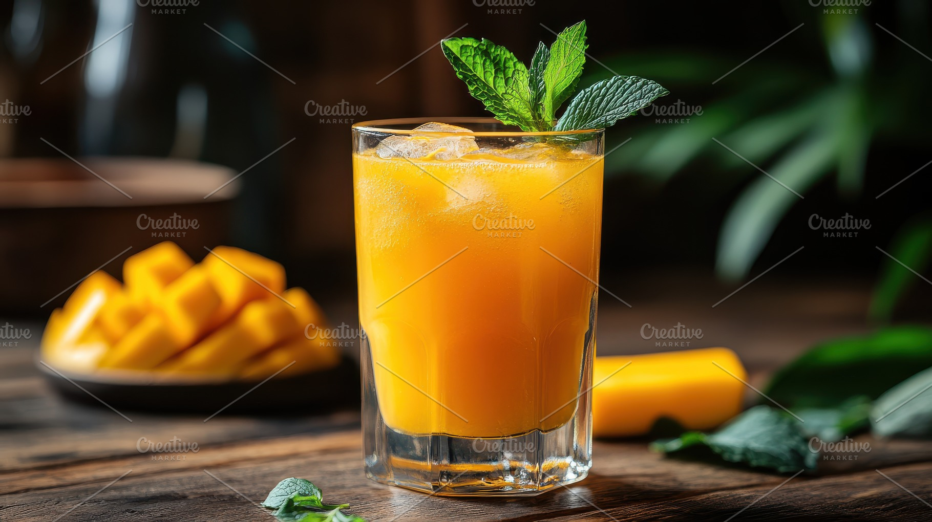Refreshing mango juice with ice and, a Food & Drink Photo by Pixeness Studio