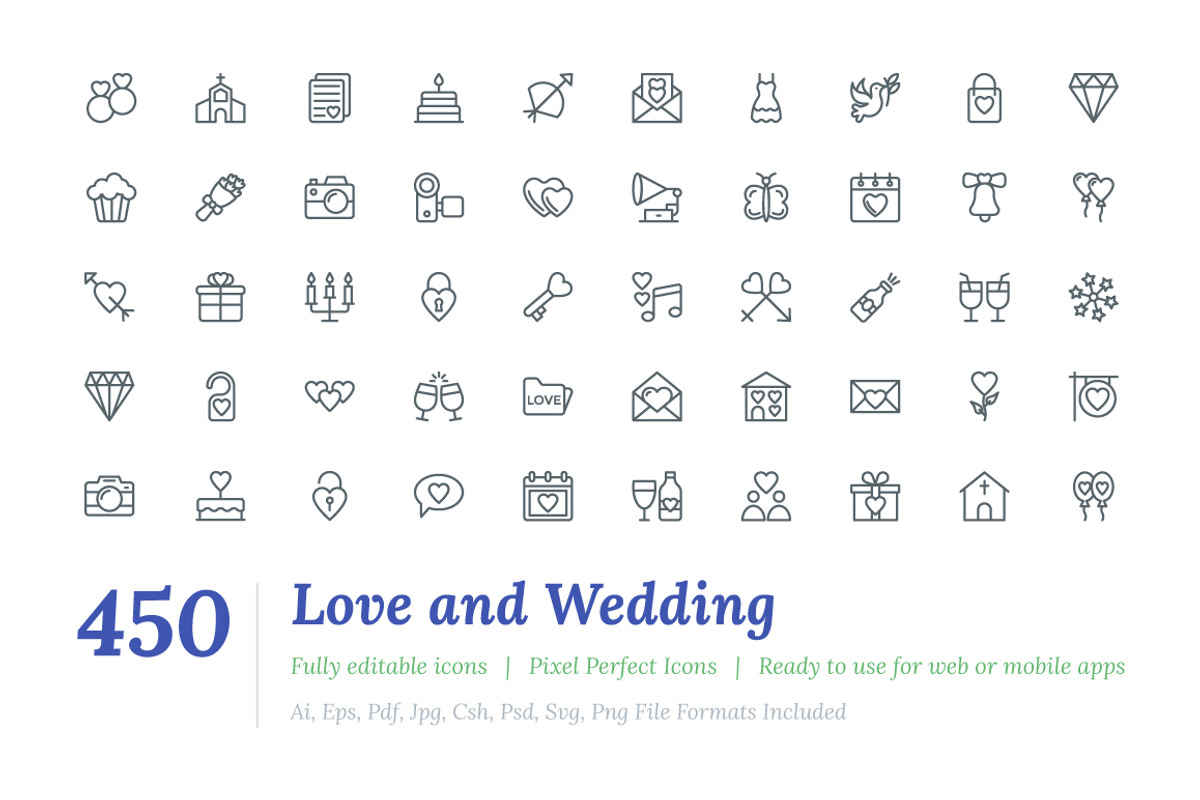 450 Love and Wedding Line Icons, an Outline Icon by Vectors Market (Photo 1 of 6)