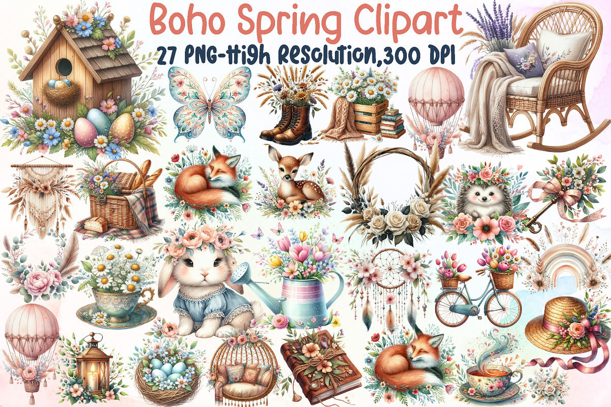 Watercolor Boho Spring Clipart, an Illustration by Sublimation Artist (Photo 1 of 6)