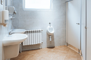 Clean restroom interior wide angle, an Architecture Photo by SkyNext