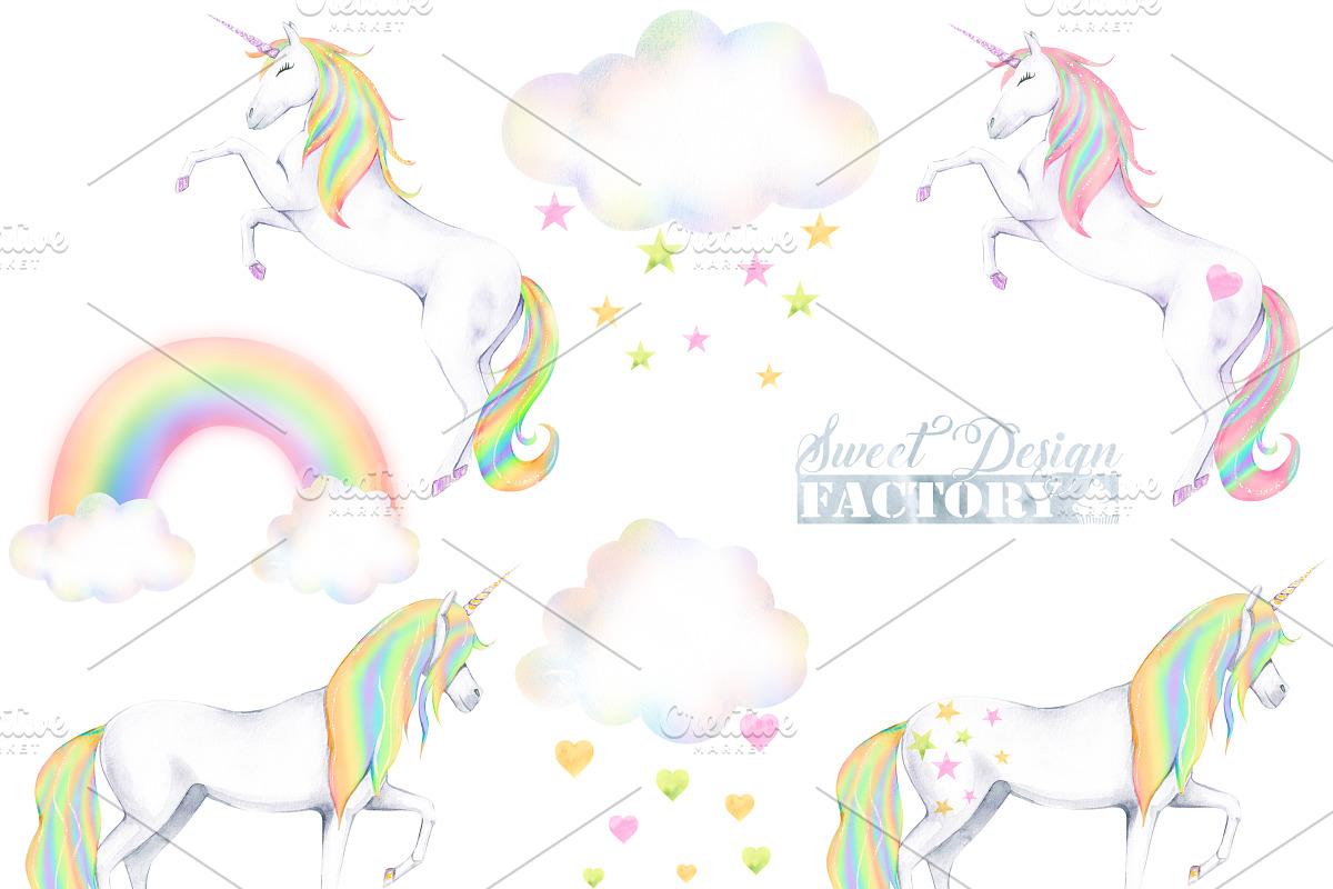 Watercolor rainbow unicorn cliparts, an Illustration by Sweet sweet design (Photo 2 of 4)