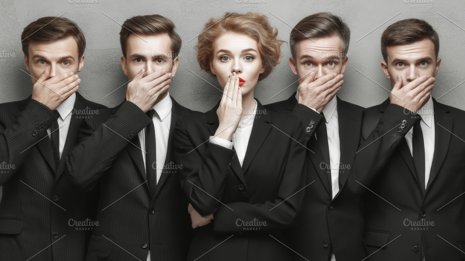 Group of professionals covering mouths symbolizing silence or confidentiality t, a Person Photo by AS photostudio