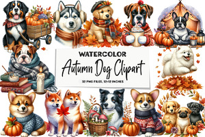 Watercolor Autumn Dog Clipart, a Seasonal Illustration by DreamArtGraphic
