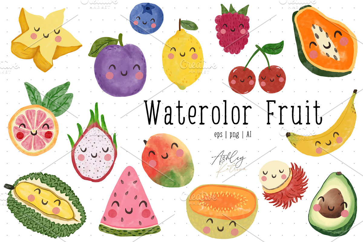 Watercolor Fruit with & without Face, a Food Illustration by Ashley Katrina (Photo 1 of 10)