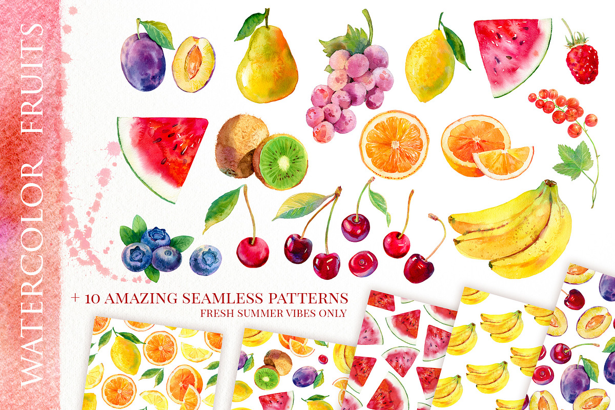 Watercolor fruits & 10 cool patterns, a Wallpaper Graphic by Natasha Koltsova (Photo 1 of 8)