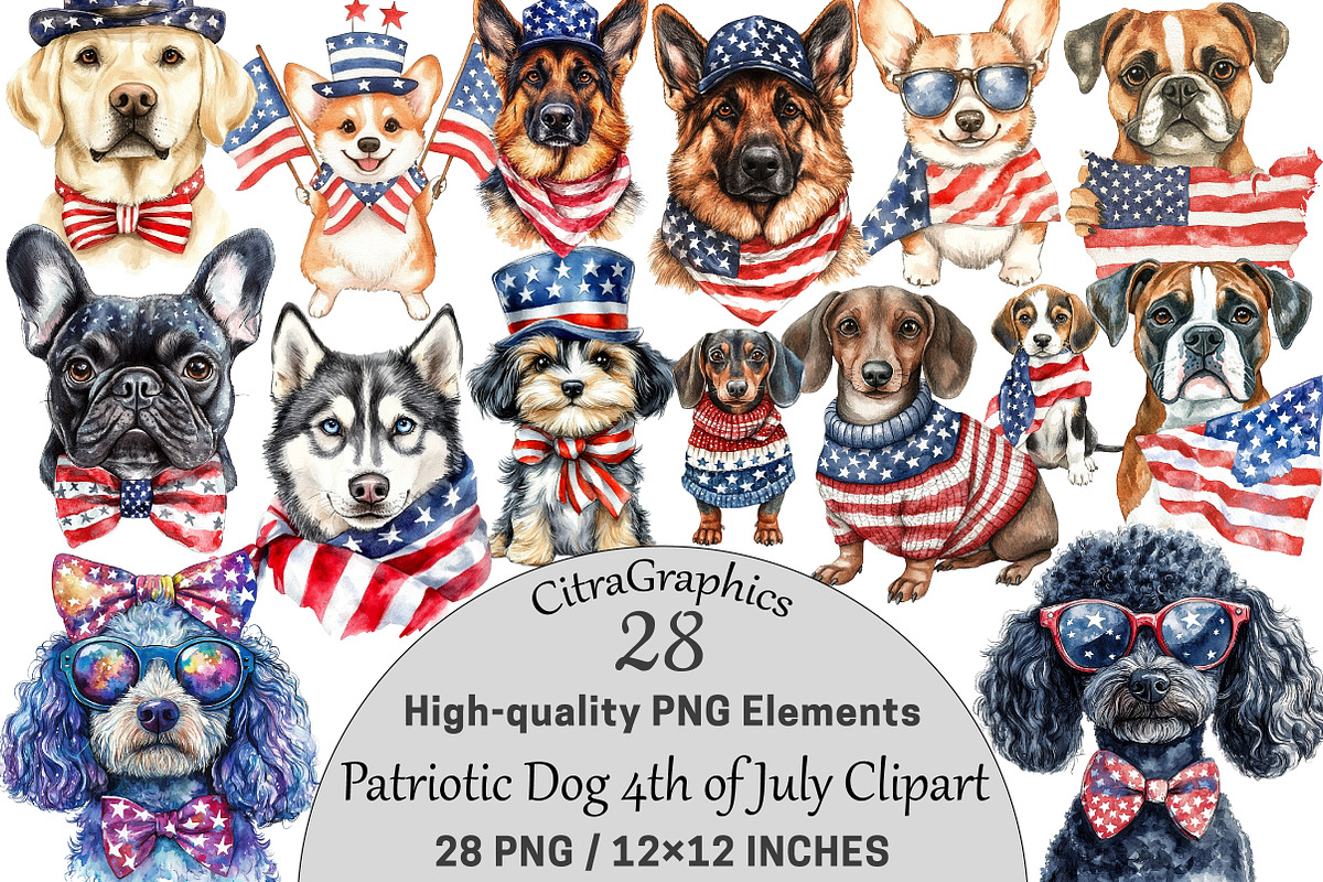Patriotic Dog 4th of July Clipart, a Seasonal Illustration by CitraGraphics (Photo 1 of 6)