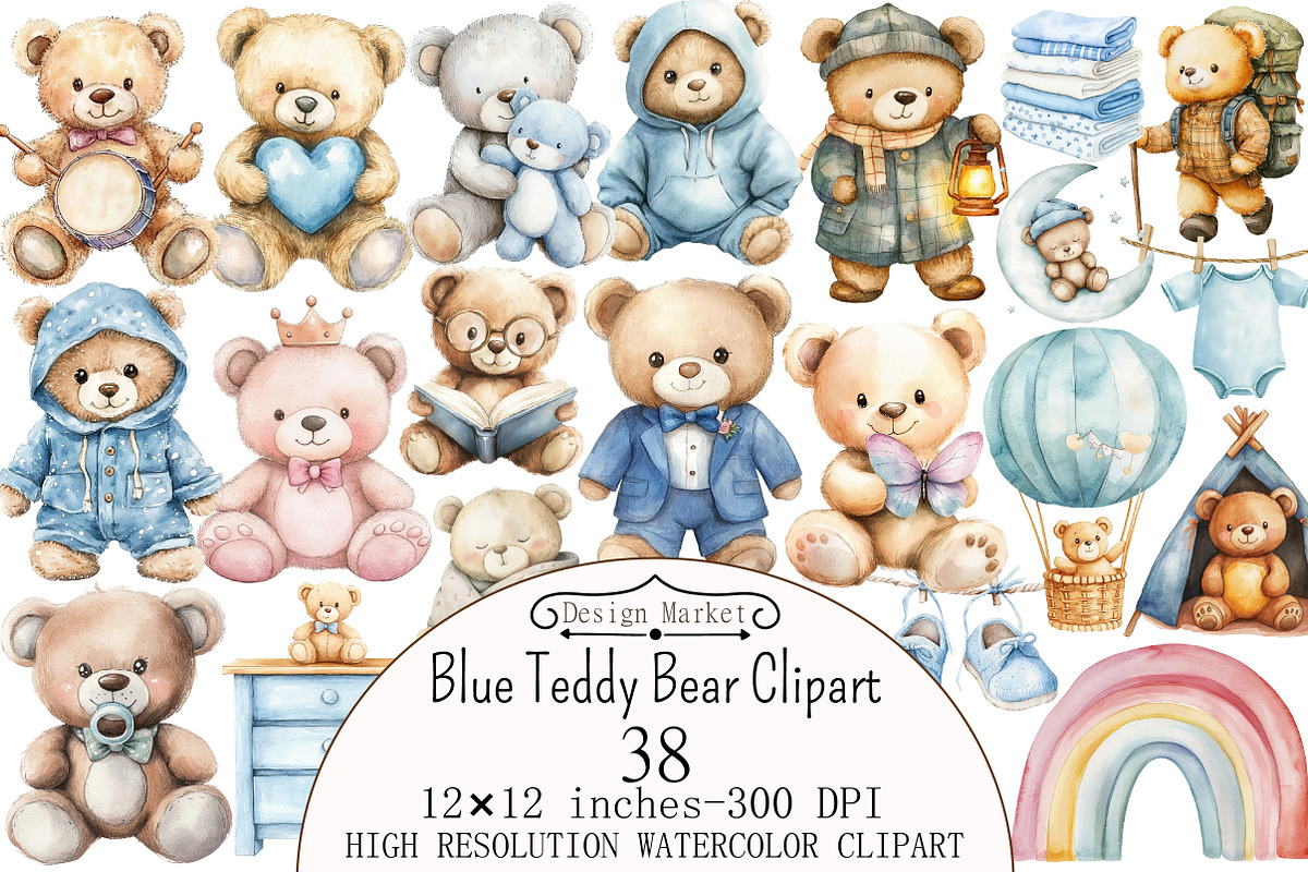 Watercolor Blue Teddy Bear Clipart, a Seasonal Illustration by Design Market (Photo 1 of 4)