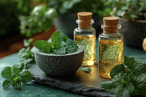 Small bottles of mint essential oil with mint leaves in mortar, a Health & Medical Photo by AlyaAnd