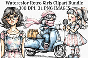 Watercolor Retro Girls Clipart, an Illustration by Canvas Craft (Thumbnail 1 of 7)