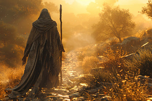 Mysterious hooded figure walking a golden forest trail at sunris, a Photo by José Manuel Gelpi