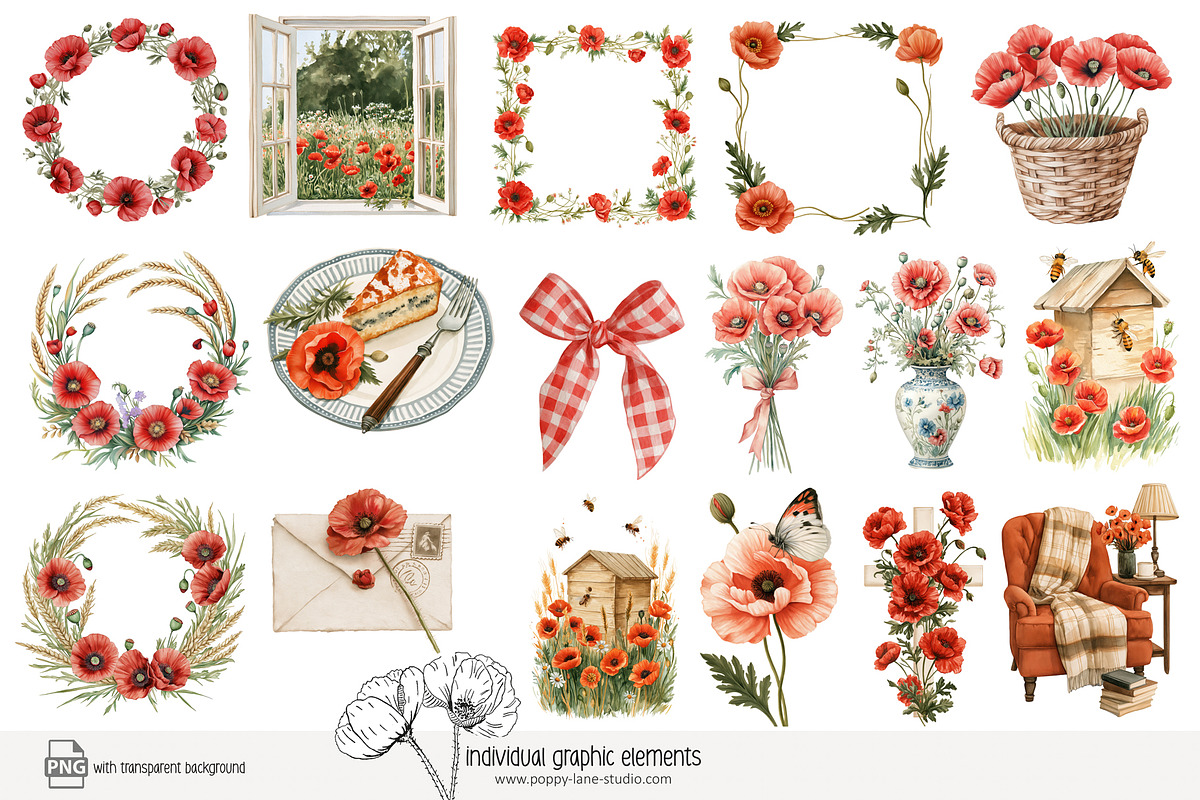 100 watercolour poppy clip art, a Seasonal Illustration by Poppy Lane Studio (Photo 10 of 12)