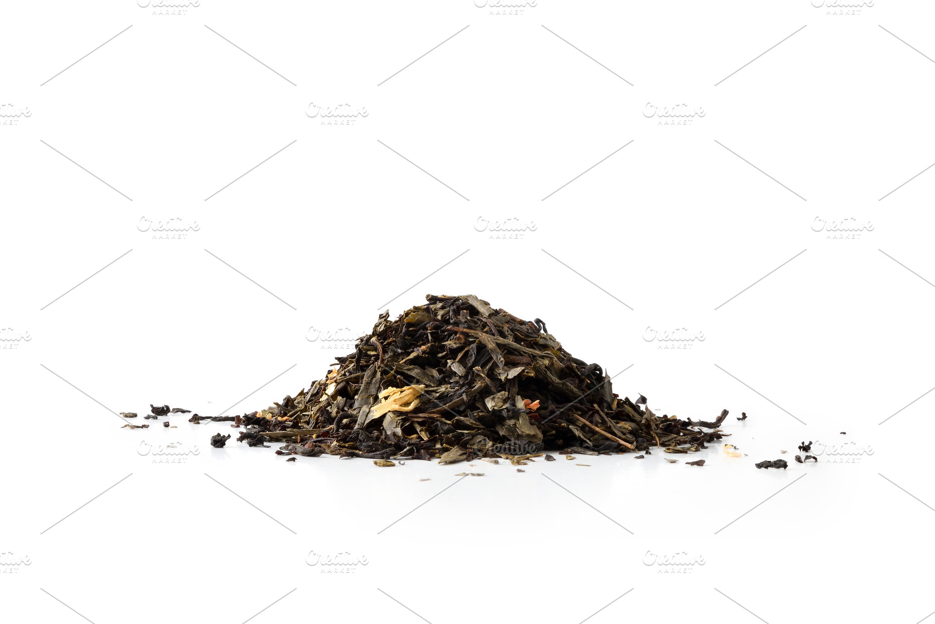 Pile of dried tea leaves white isolated background front view, a Food & Drink Photo by Davizro's Market