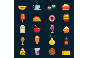 Vector pixelart fast food icons sign computer game design symbol web graphic fastfood cuisine symbols illustration fast restaurant pixelated elements burger, hot dog, pizza and drinks, a Food Illustration by KitVector