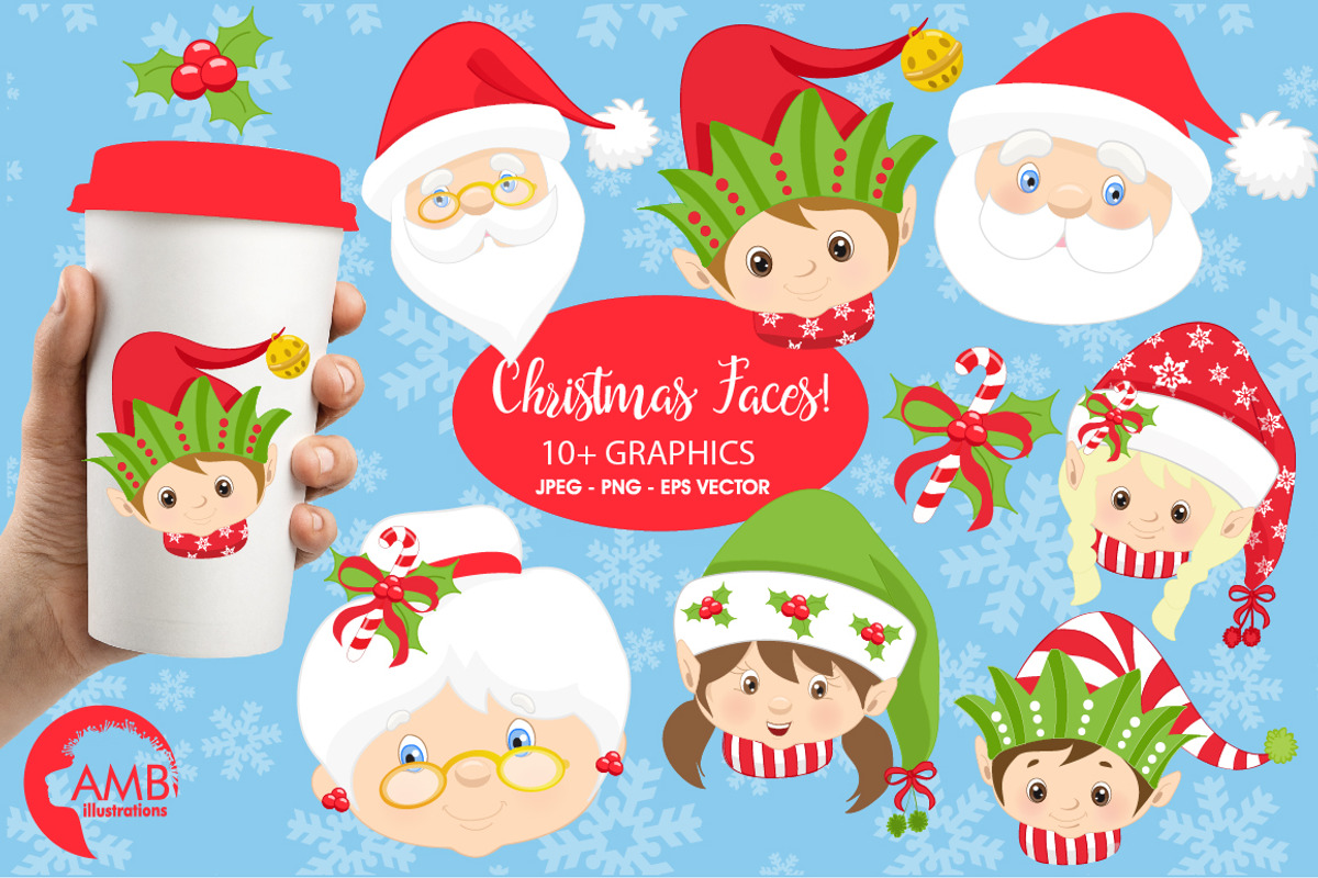 Christmas Faces Clipart, AMB-191, an Illustration by AMBillustrations (Photo 1 of 5)