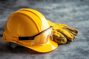 A yellow safety helmet and gloves are displayed on a colorful surface, emphasiz, an Industrial Photo by AlyaAnd