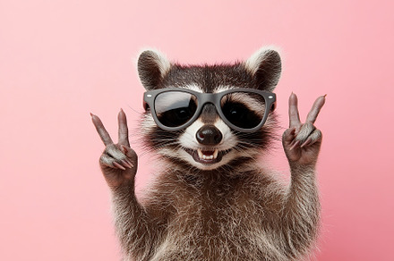 Raccoon with sunglasses flashing peace signs against a pink
