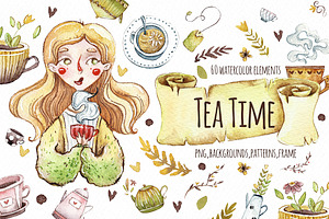 Watercolor images. Tea time