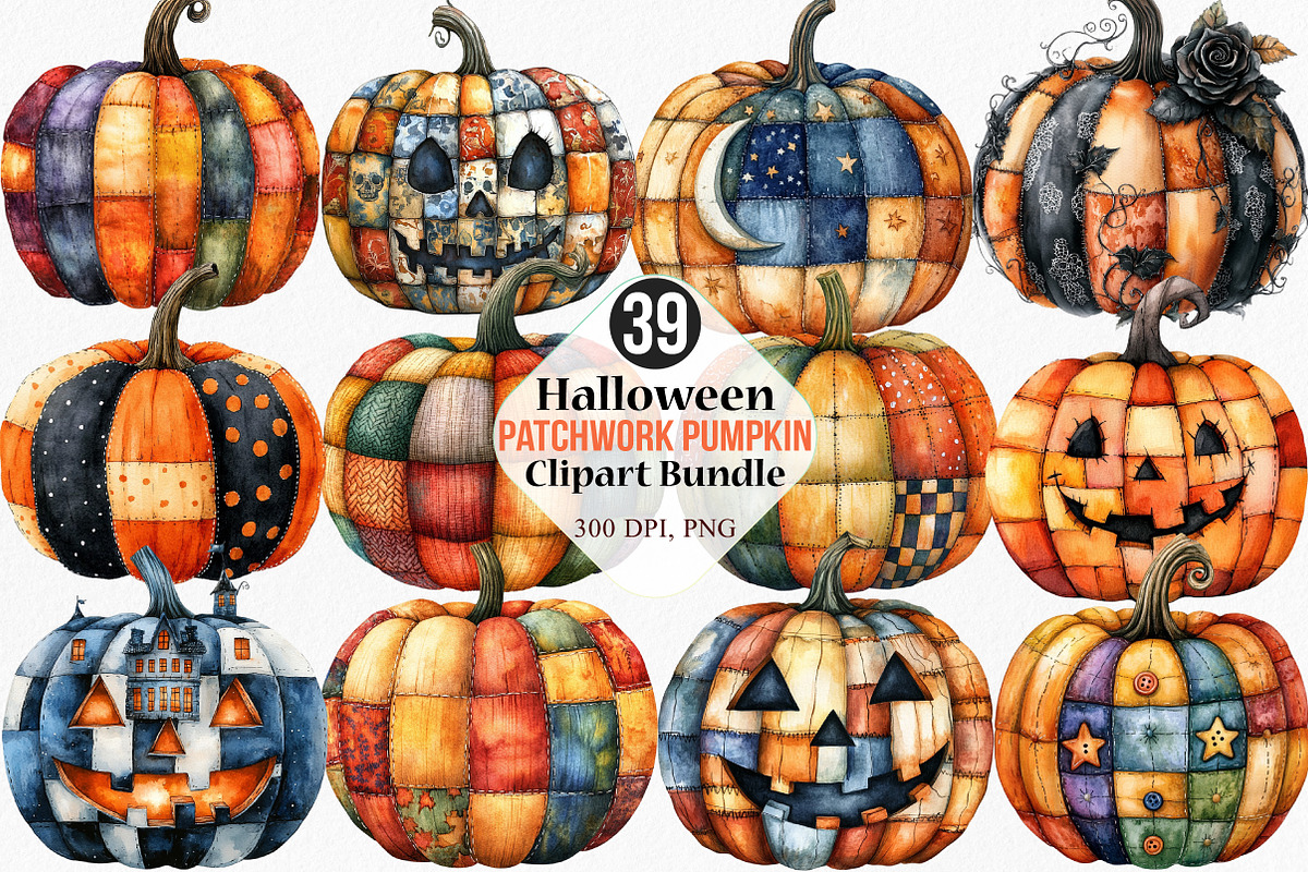 Halloween Patchwork Pumpkin Clipart, an Illustration by Canvas Craft (Photo 1 of 9)