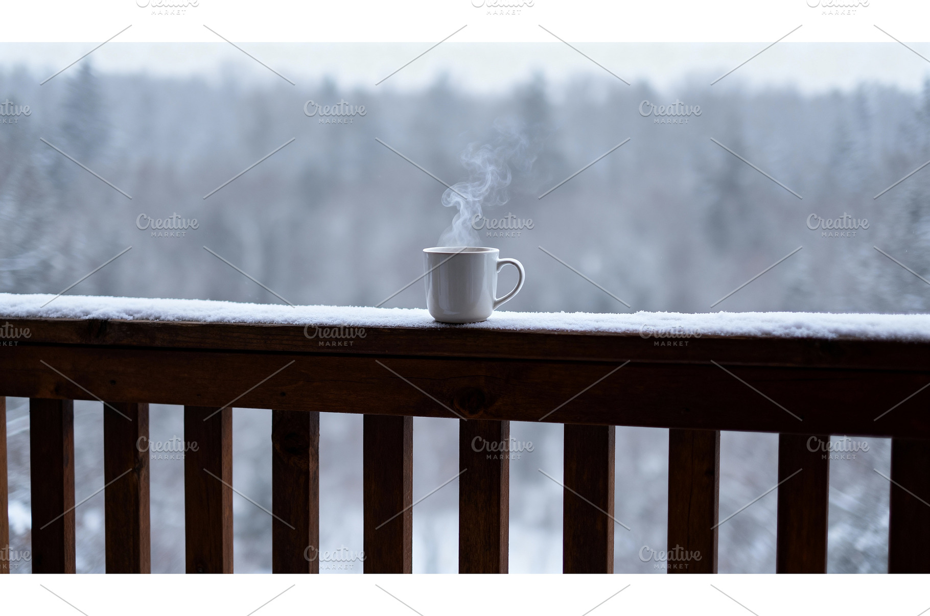 Steaming white mug on a snowy wooden, a Food & Drink Photo by tilialucida
