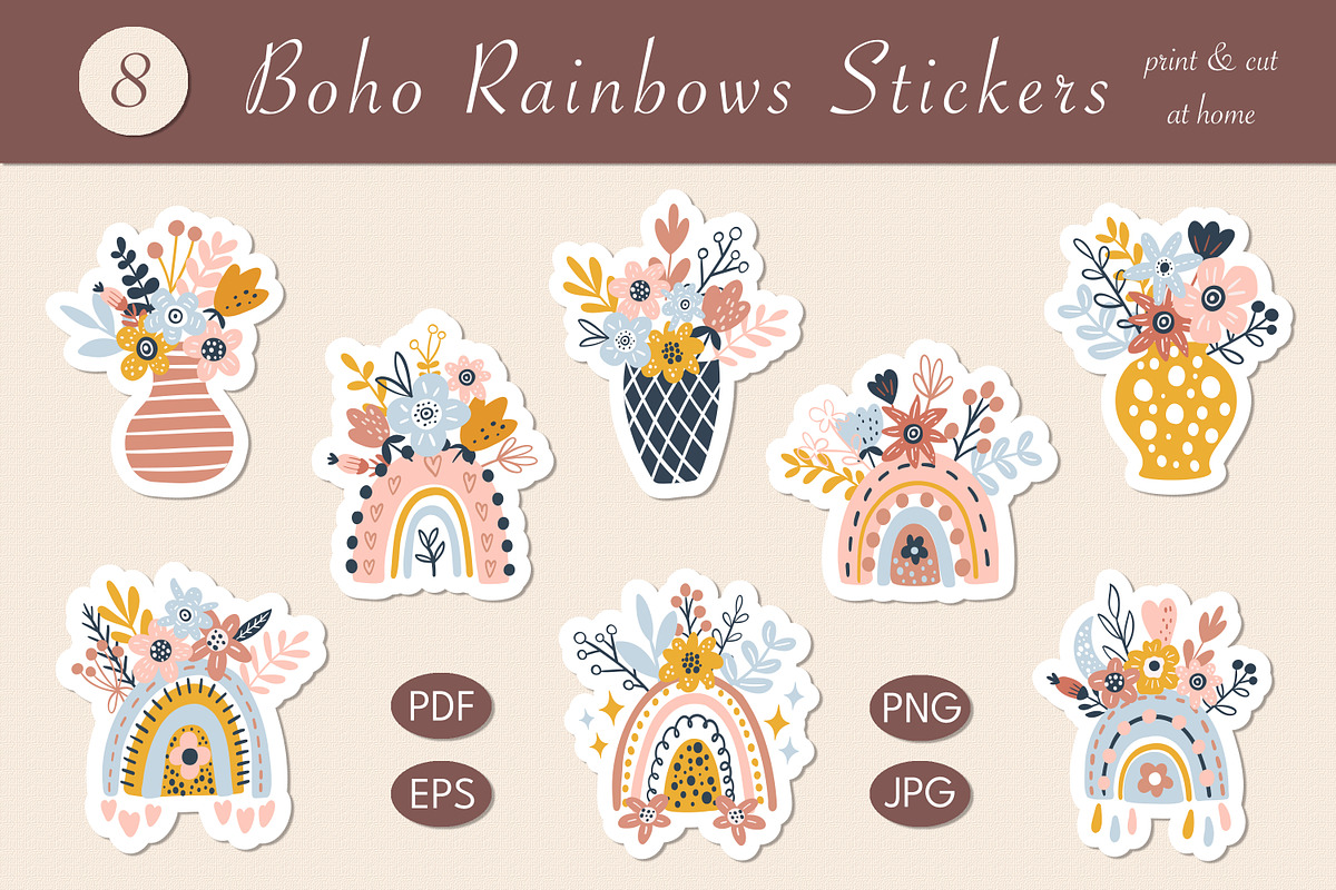 Boho Rainbows Stickers, a Graphic by rinaletters (Photo 1 of 5)