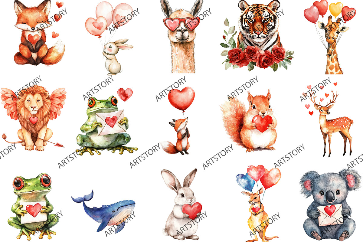 Watercolor Animals Valentine's Clipa, an Illustration by designcity5 (Photo 2 of 5)