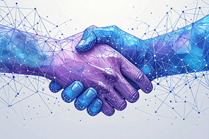 Stylized hands shaking made of digital blockchain nodes and chai, a Business Photo by DanFLCreativo