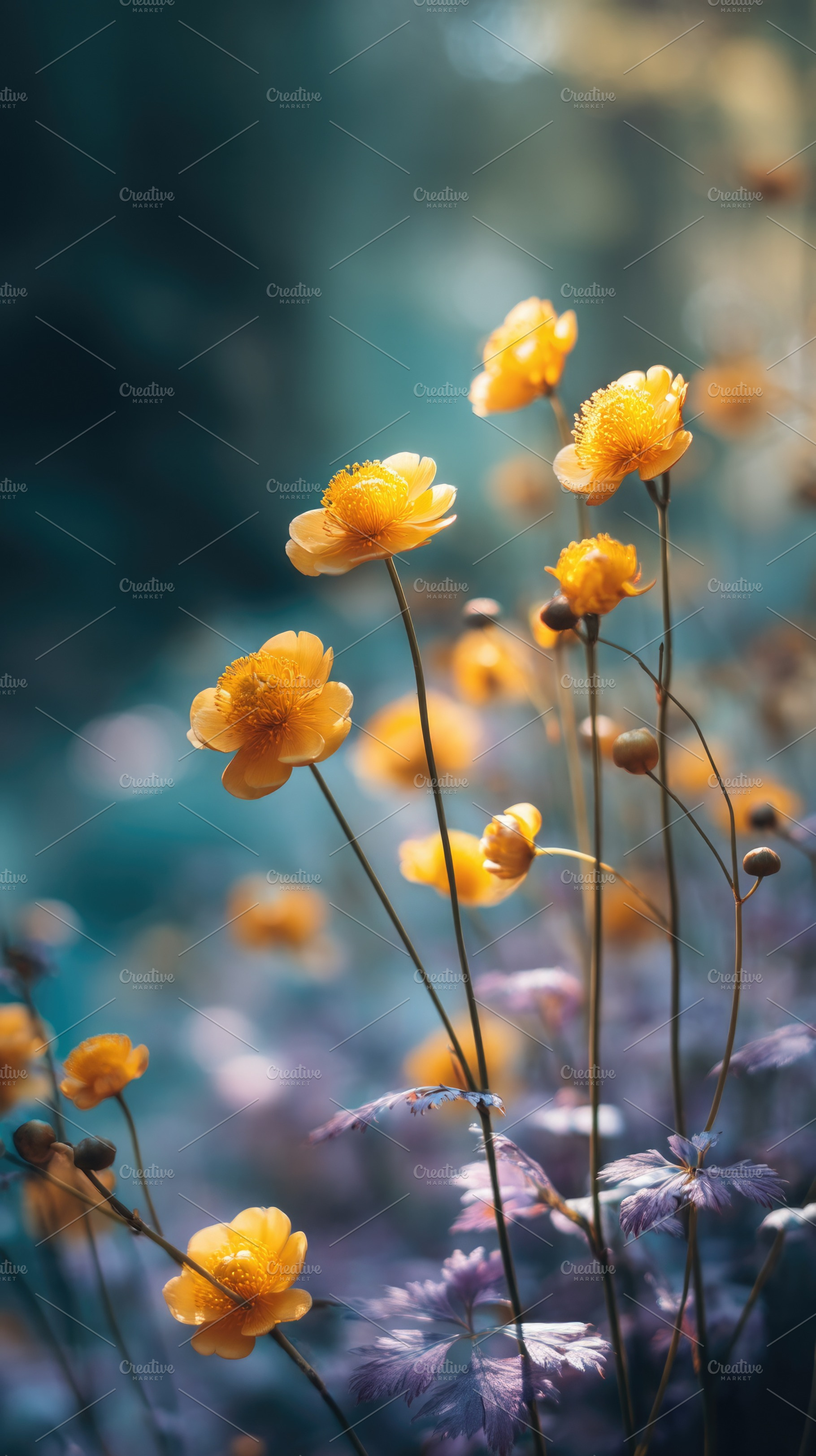 Yellow Wildflowers with Purple Garden Foliage and Soft Bokeh Bac, a Nature Photo by José Manuel Gelpi