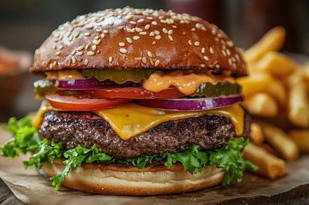 Delicious gourmet burger with fresh, a Background Photo by Pixeness