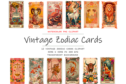 Vintage Zodiac Cards Clipart, a Decorative Illustration by stickermadness