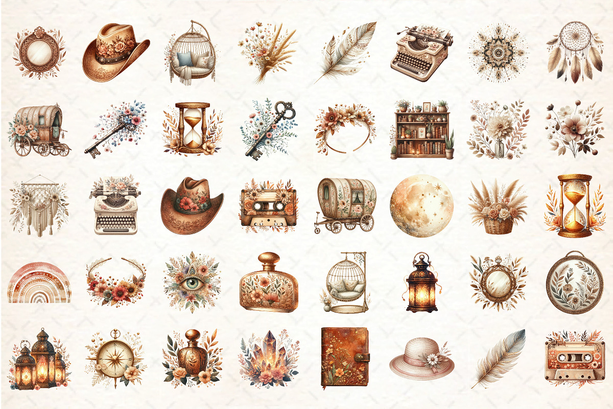 Boho Vibes Vintage Elements Clipart, an Illustration by DreamCafeArt (Photo 2 of 6)
